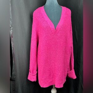 Nine West Hot Pink V-Neck Tunic Sweater - Oversized Knit Pullover 2X